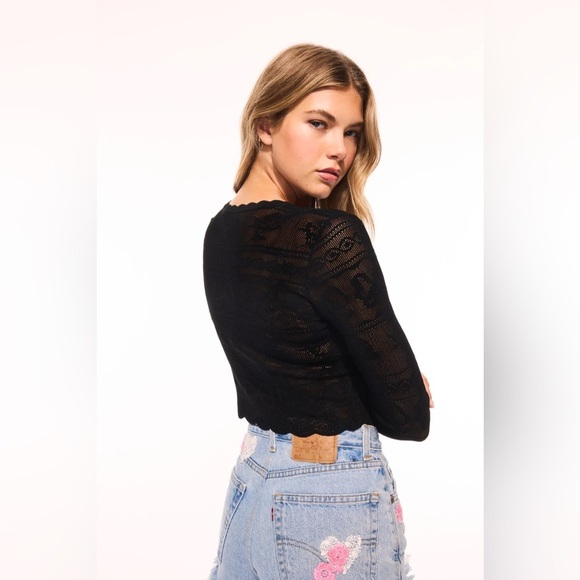 NWT Loveshackfancy Gretta Pointelle Knit Bow Cardigan Black | S - Picture 6 of 14